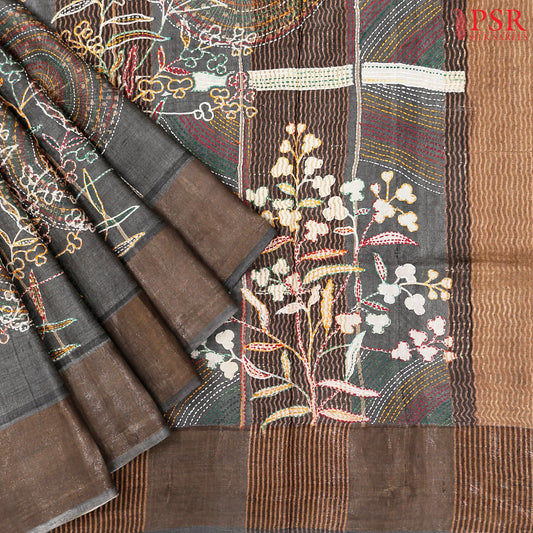 Dark Grey Kadhi Tussar Silk Saree