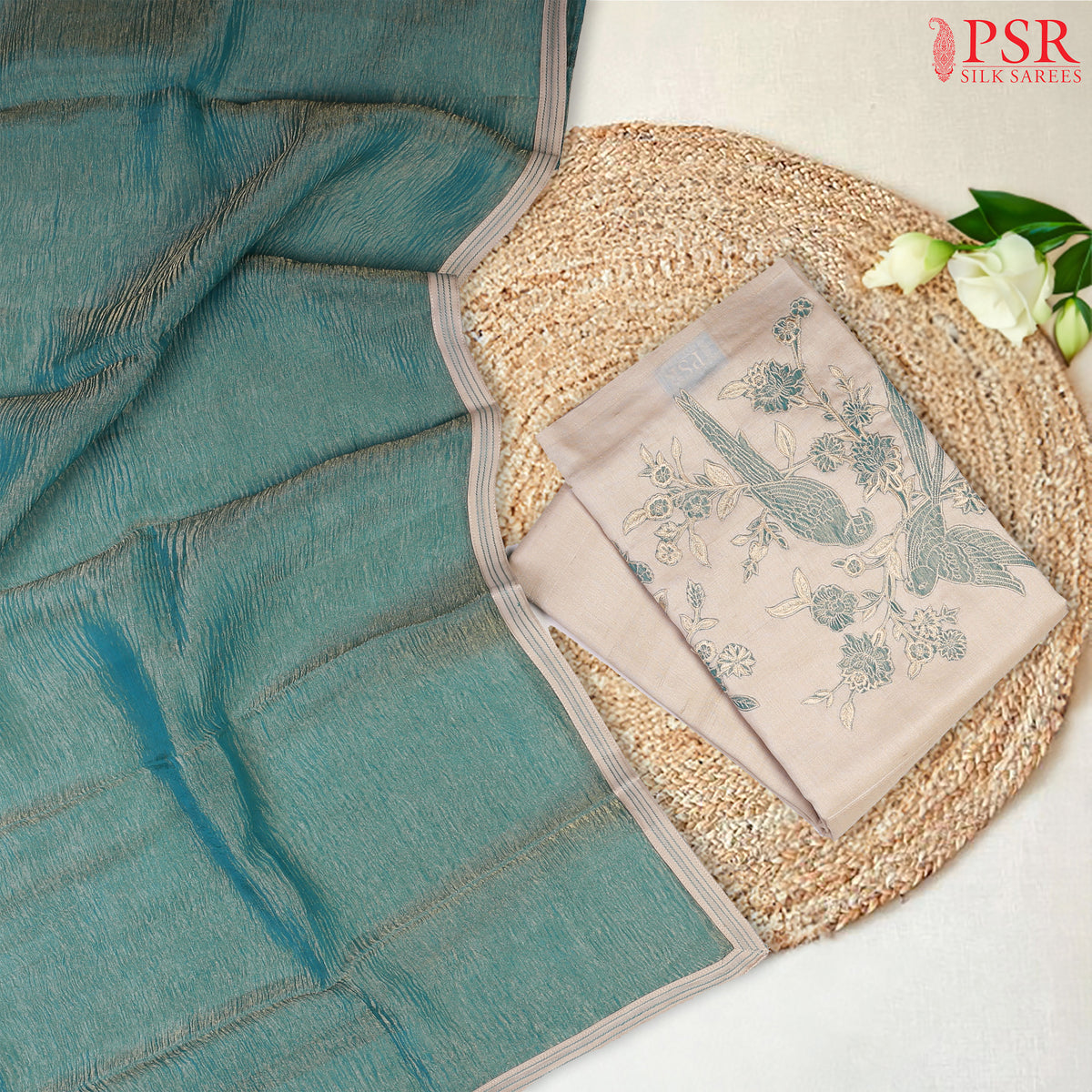 Beige & Dark Turquoise Tussar Silk Dress Material