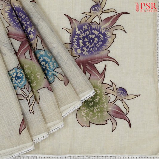 Beige Tissue Linen Embroidery Saree
