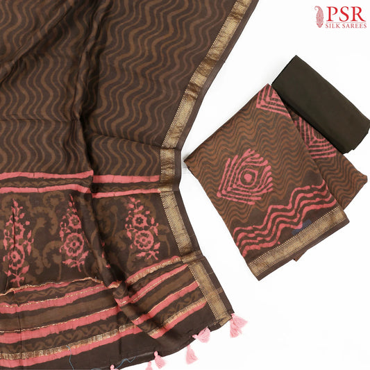 Umber Brown Maheshwari Silk Cotton Dress Material