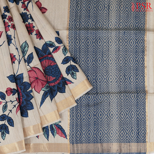 Beige & Blue Kadhi Tussar Silk Saree