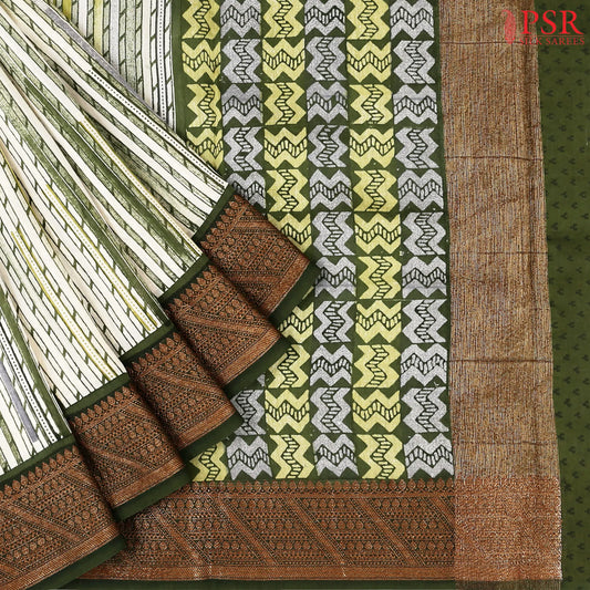 Beige & Olive Green Chanderi Silk Cotton Saree
