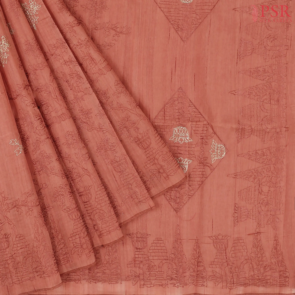 Coral Orange Kosa Embroidery Saree