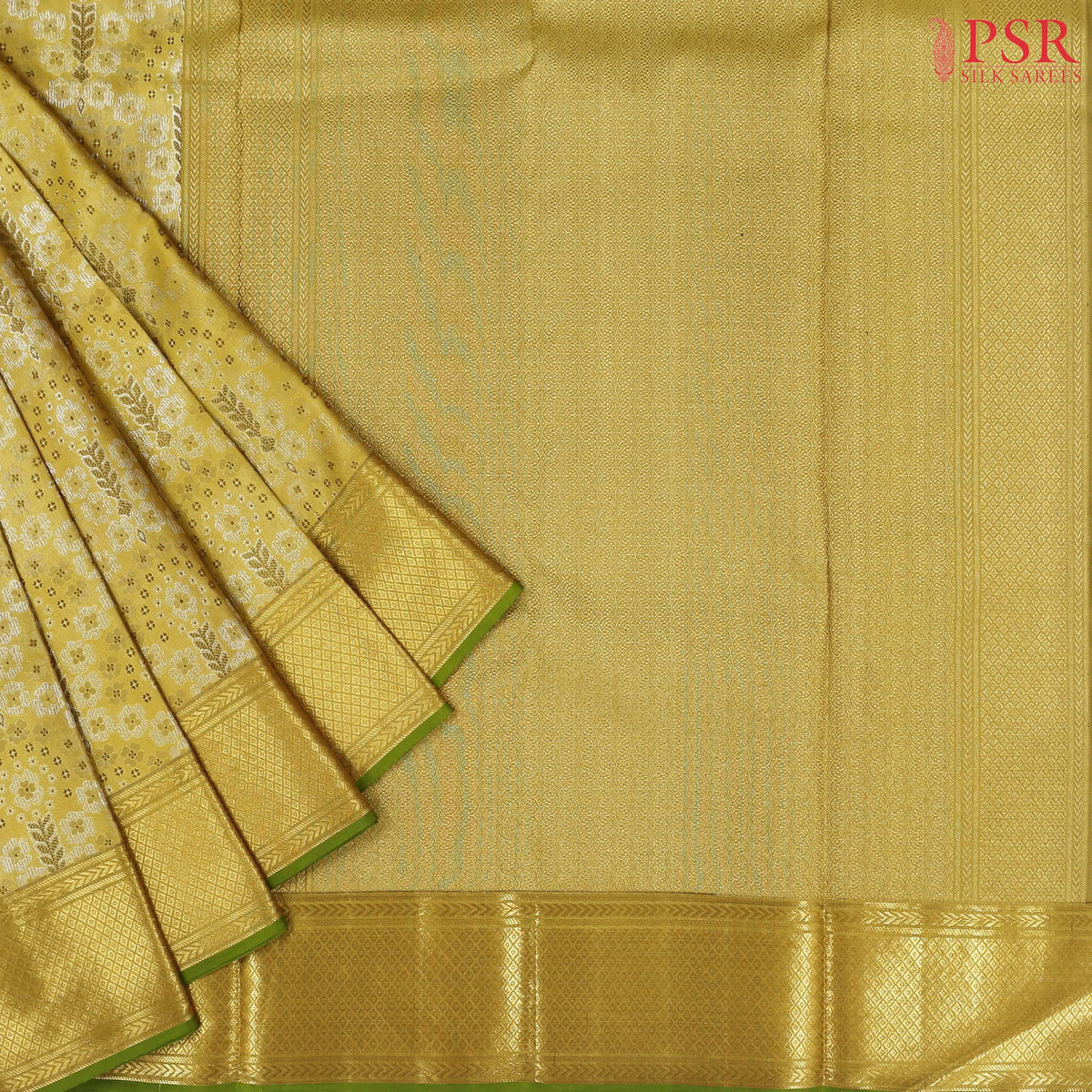 Golden Olive Yellow Kanchipuram Jacquard Tissue Silk Saree