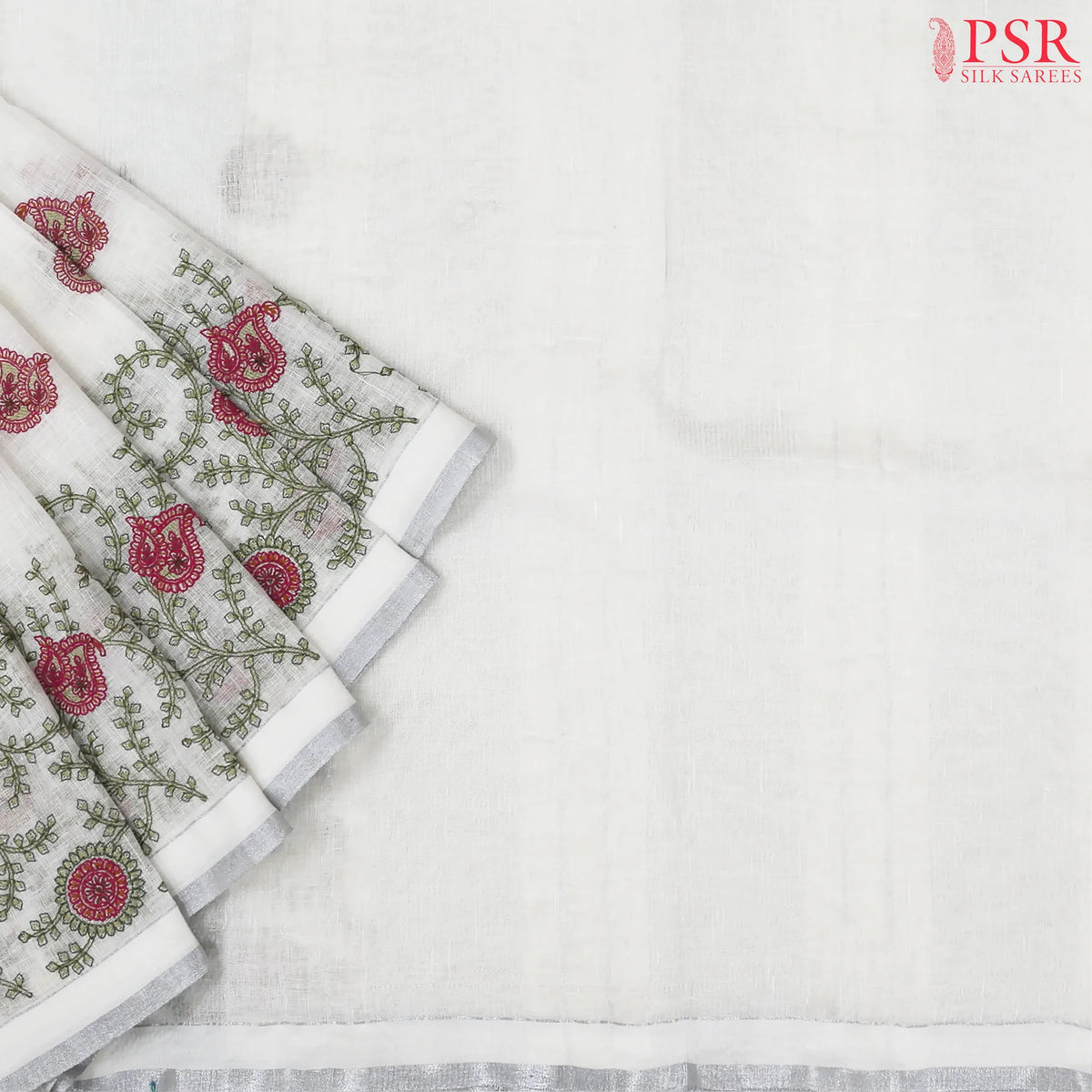 Floral White Linen Saree