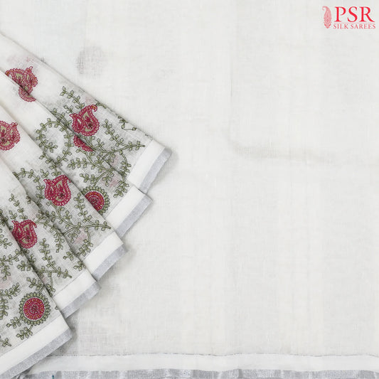 Floral White Linen Saree