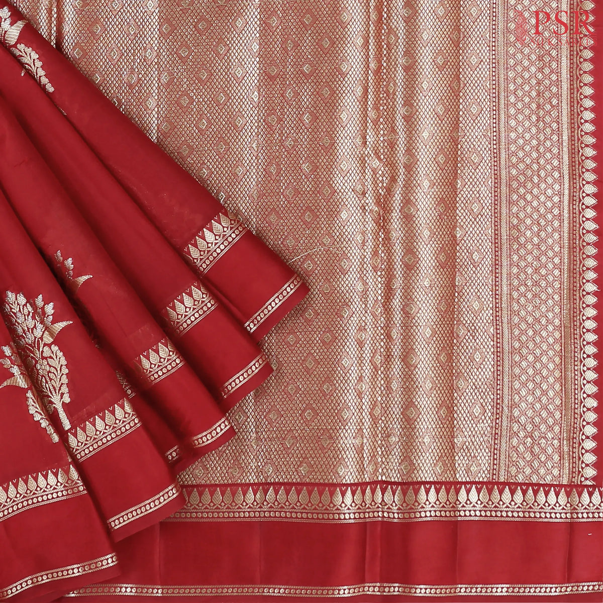 Cherry Red Chiniya Silk Saree