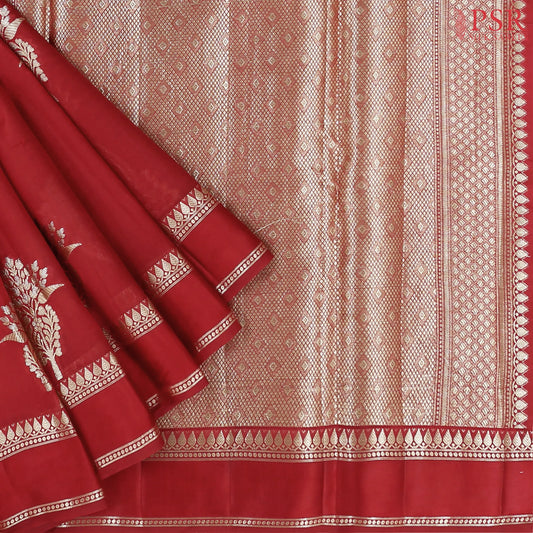 Cherry Red Chiniya Silk Saree