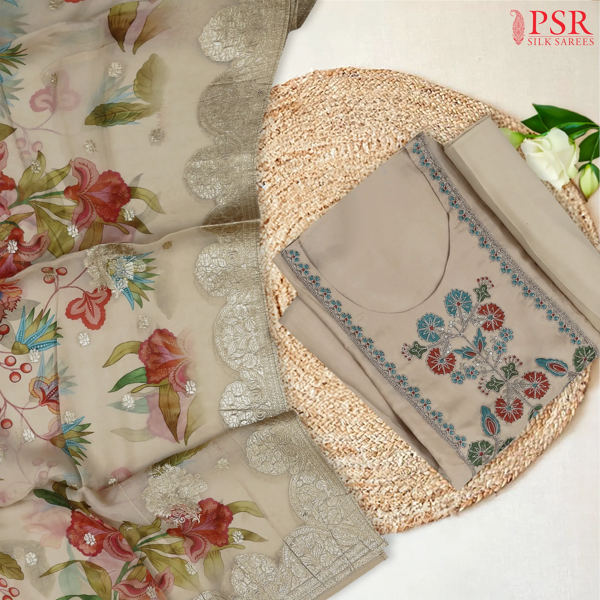 Beige Semi Dupion Dress Material