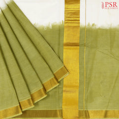 Cream White & Olive Green Kerala Cotton Saree