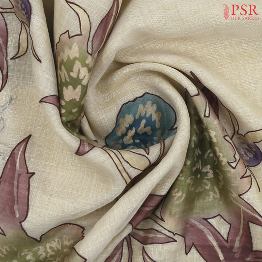 Beige Tissue Linen Embroidery Saree