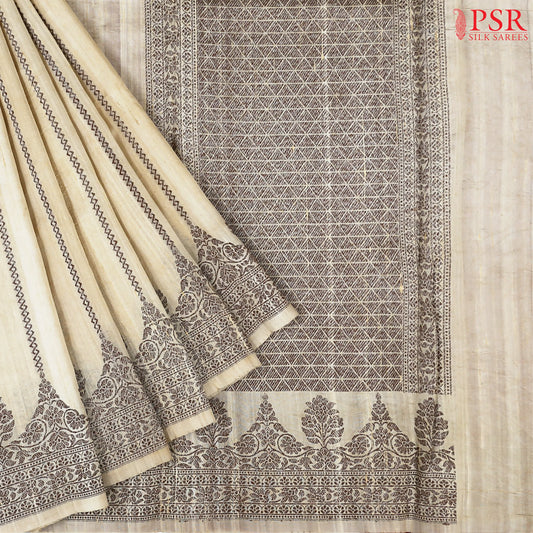 Beige Banaras Jute Silk Saree