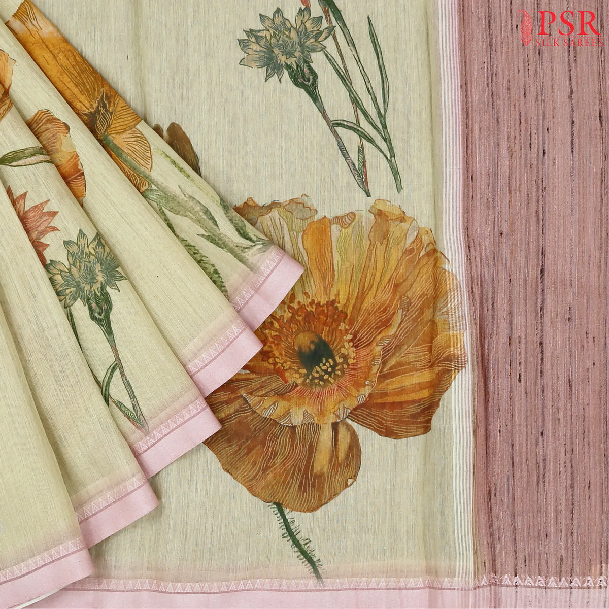 Cream Beige Munga Silk Saree