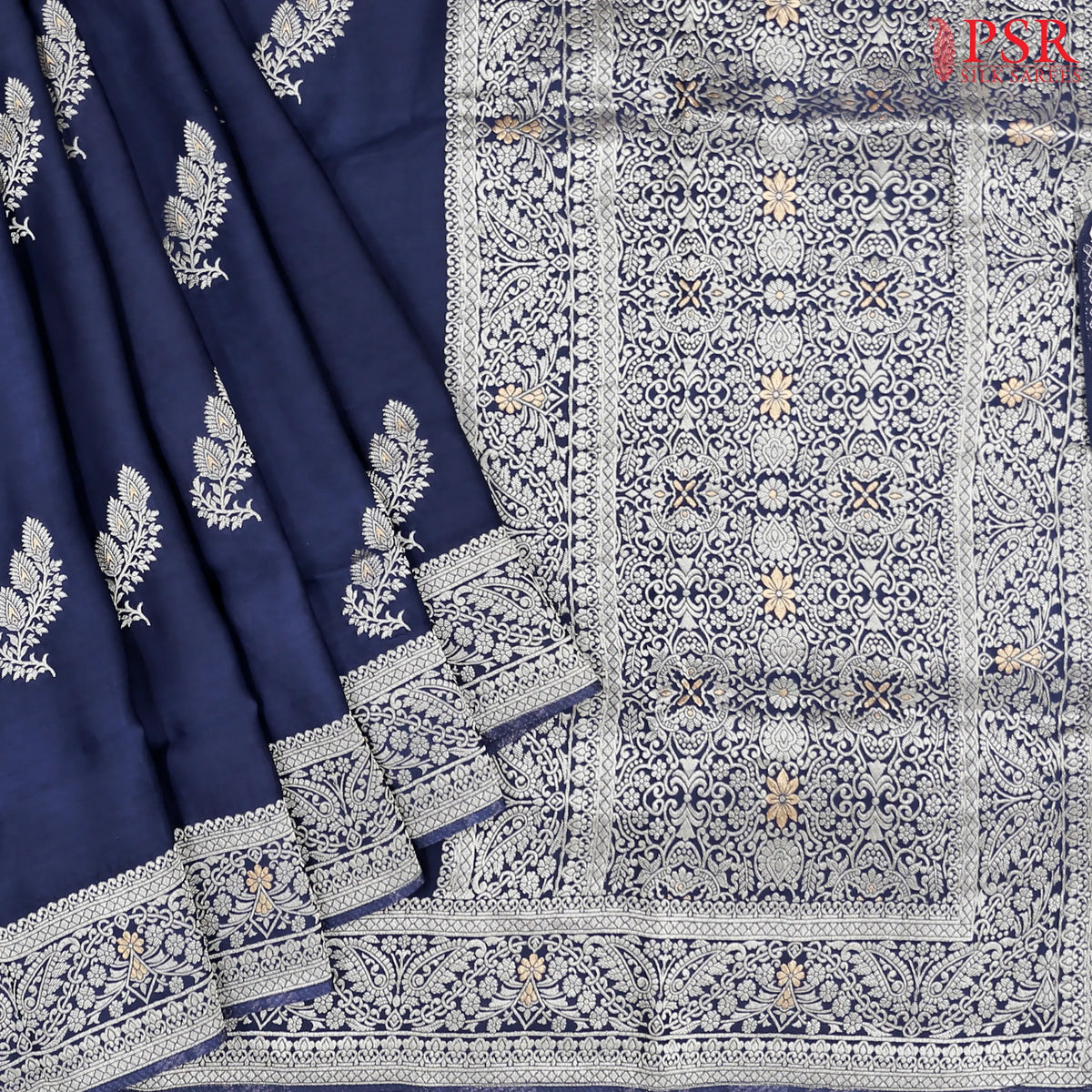 Dark Blue Banarasi Habutai Satin Saree