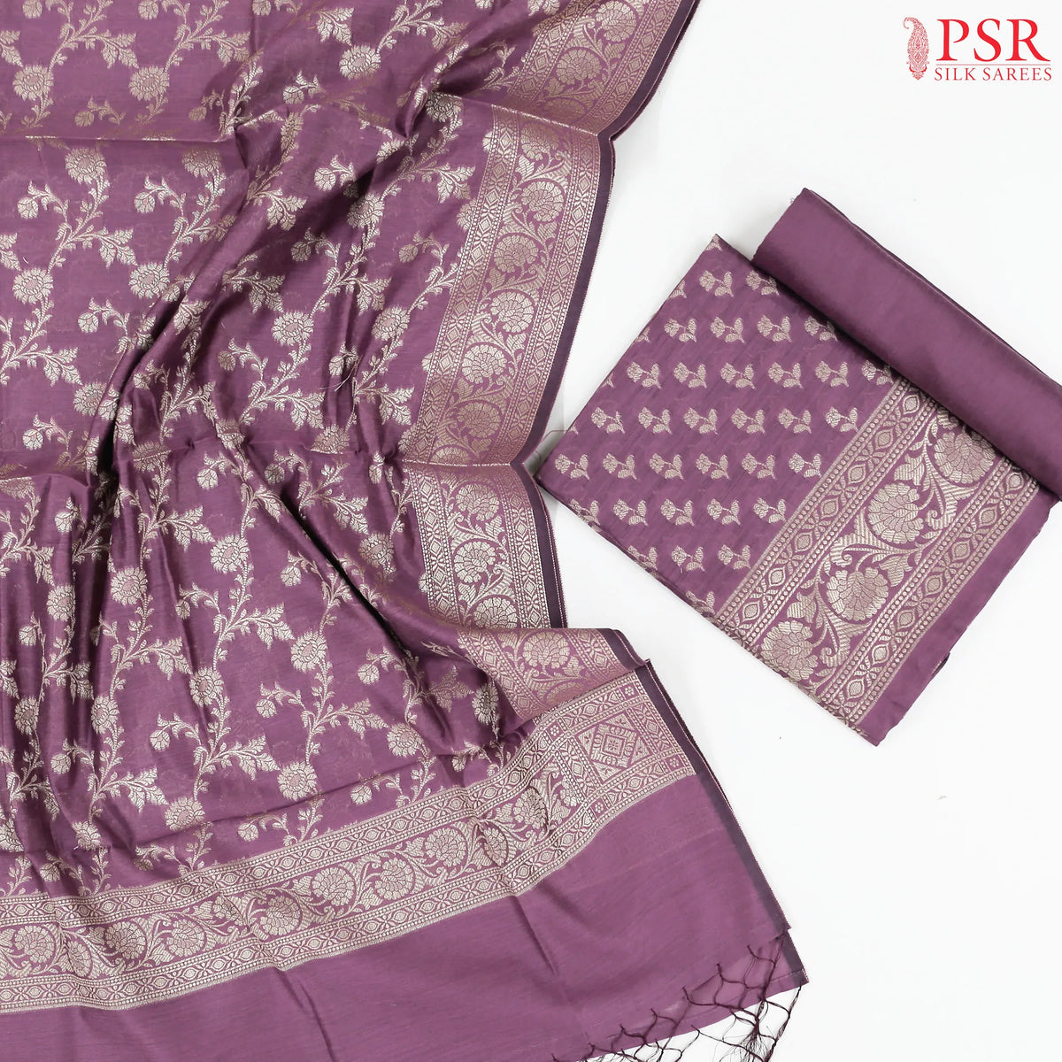 Dark Lilac Purple Banaras Silk Cotton Dress Material
