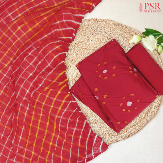 Red Bandhini Silk Cotton Dress Material