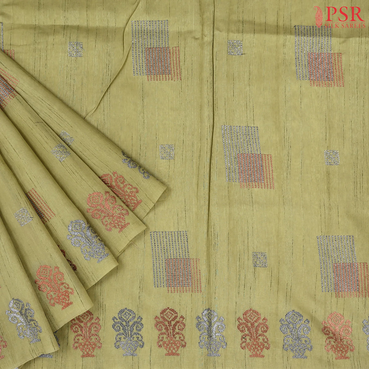 Olive Yellow Semi Tussar Embroidery Saree
