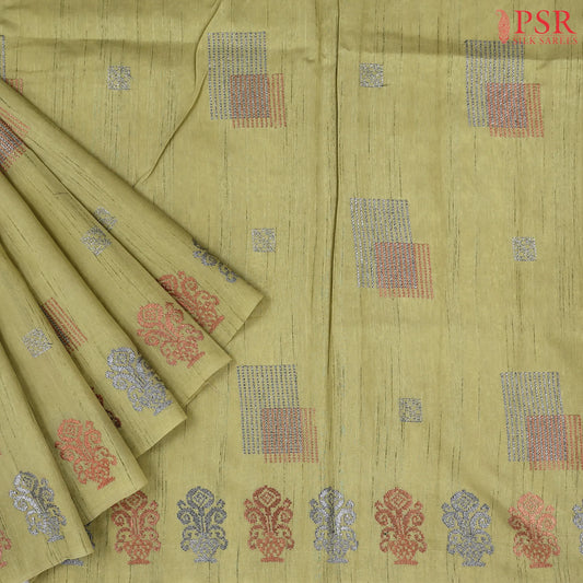 Olive Yellow Semi Tussar Embroidery Saree