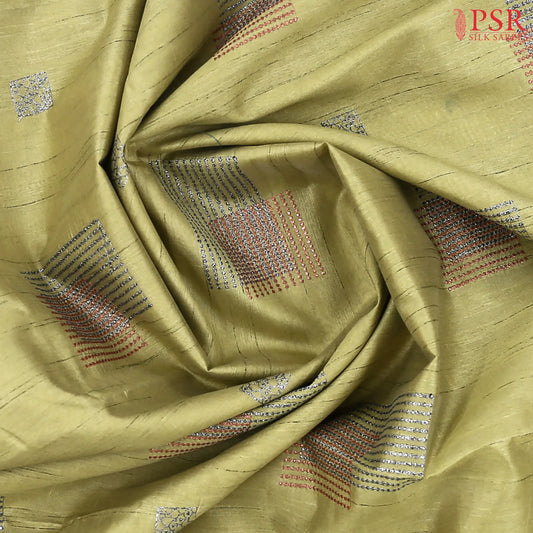 Olive Yellow Semi Tussar Embroidery Saree