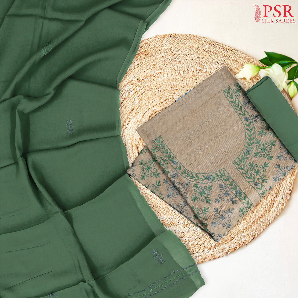 Beige & Basil Green Tussar Silk Dress Material