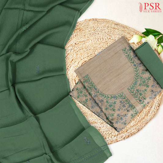 Beige & Basil Green Tussar Silk Dress Material
