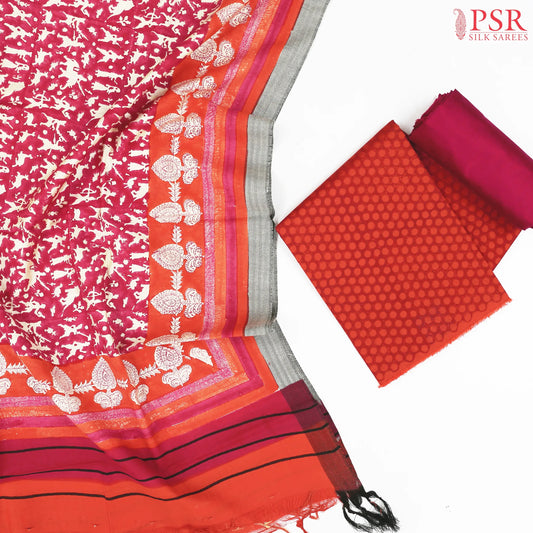 Red Semi Pashmina Dress Material