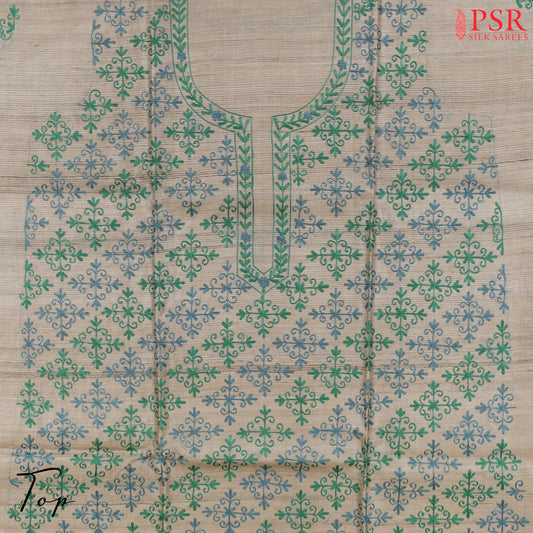 Beige & Basil Green Tussar Silk Dress Material