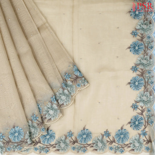 Light Biege Grey Tissue Embroidery Saree