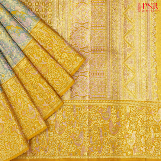Golden Blue Kanchipuram Jacquard Tissue Silk Saree