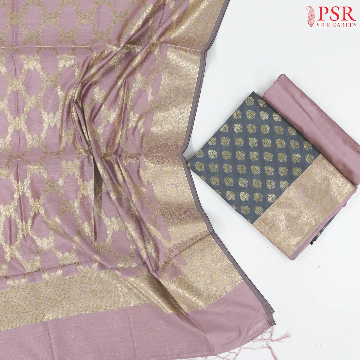 Slate Grey Banaras Silk Cotton Dress Material