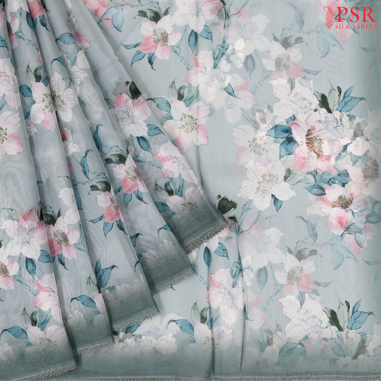 Light Teal Blue Organza Saree