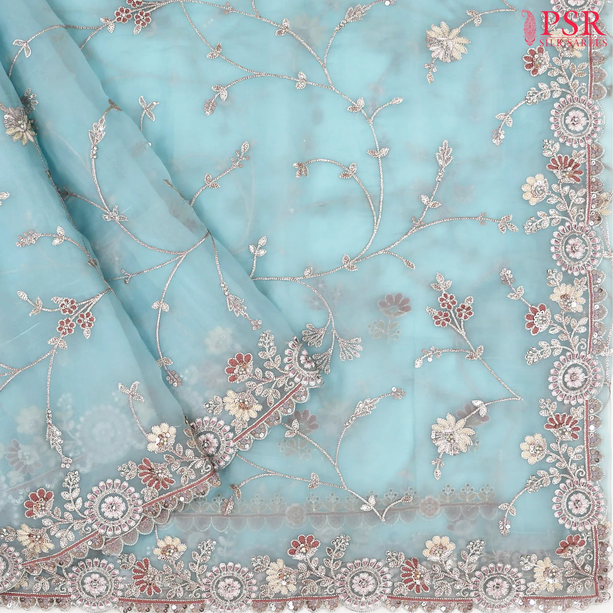 Sky Blue Organza Laser Embroidery Saree