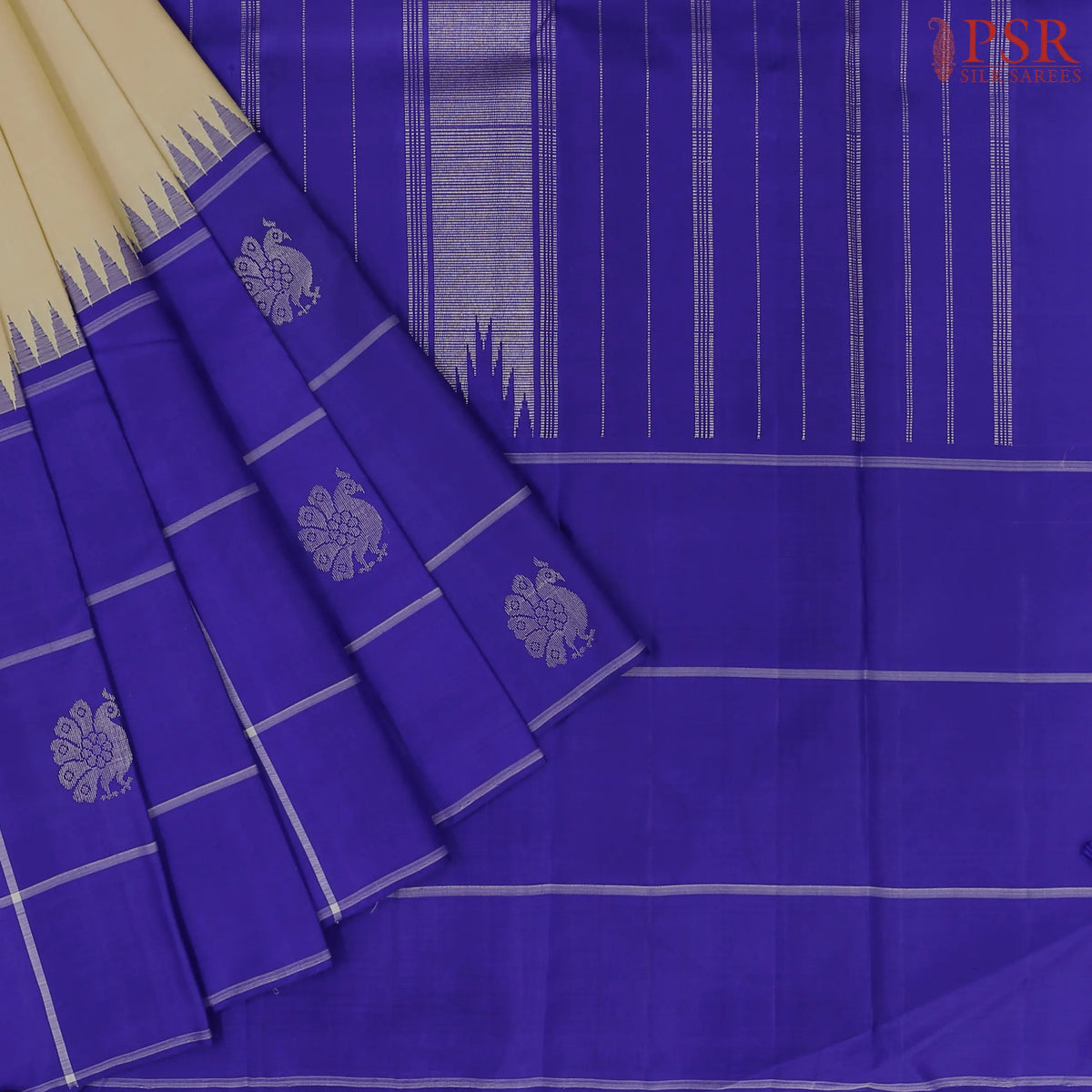 Ginger Beige & Royal Blue Kanchipuram Silk Saree