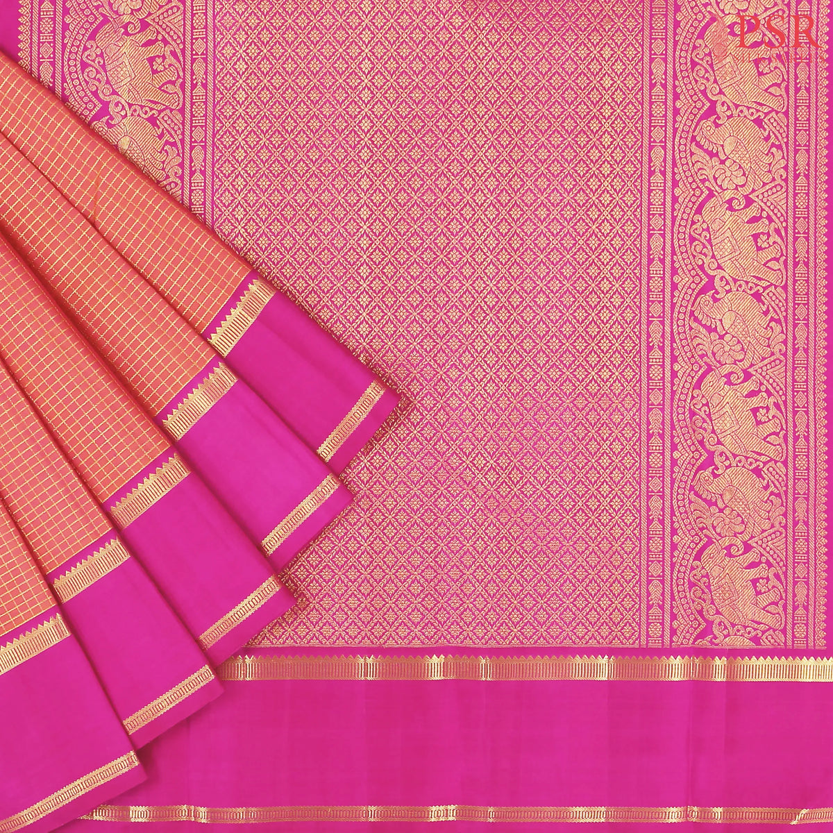 Coral Orange Kanchipuram Silk Saree