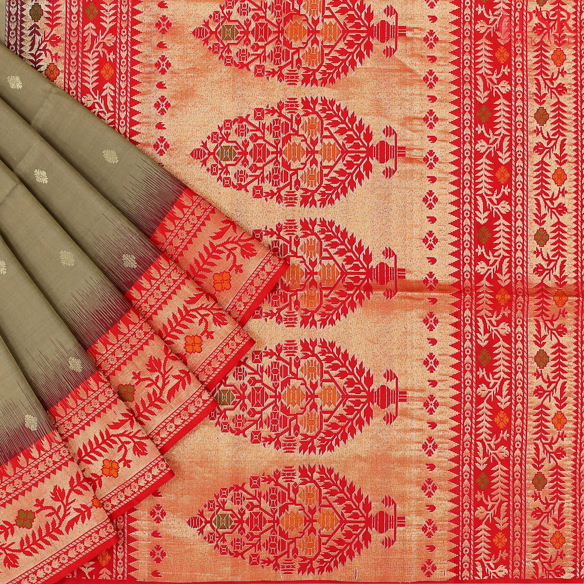 Dark Olive Grey Soft Silk Saree