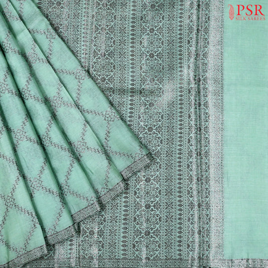 Dusty Teal Banaras Tussar Silk Saree