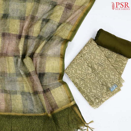 Olive Beige Chanderi Silk Cotton Dress Material