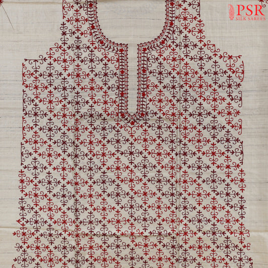 Beige & Wine Red Tussar Silk Dress Material