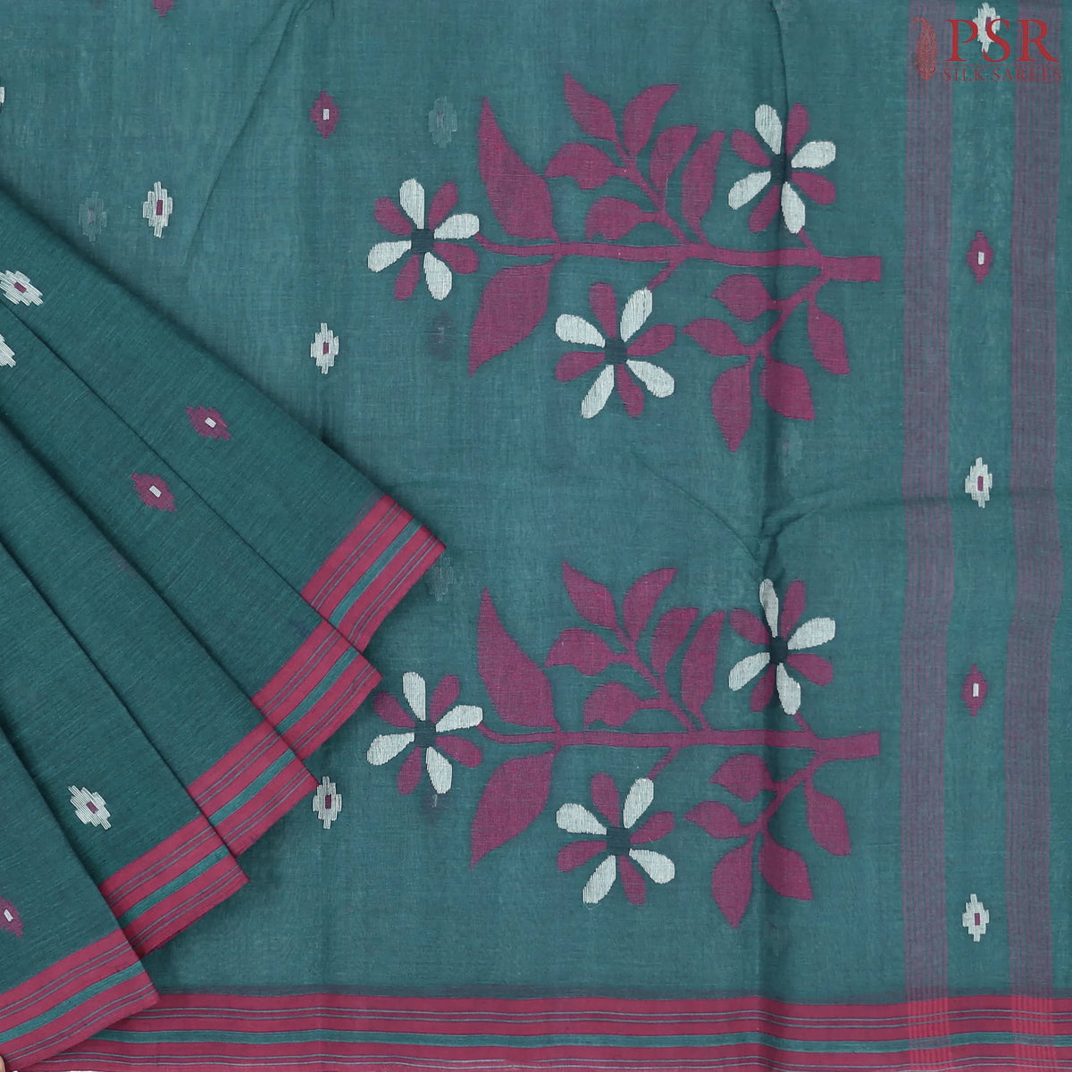 Dark Teal Blue Bengal Cotton Saree