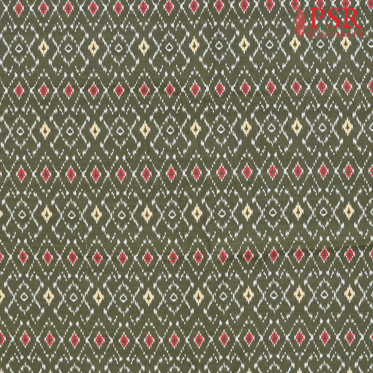 Dark Olive Green Semi Tassar Ikkat Print Running Material