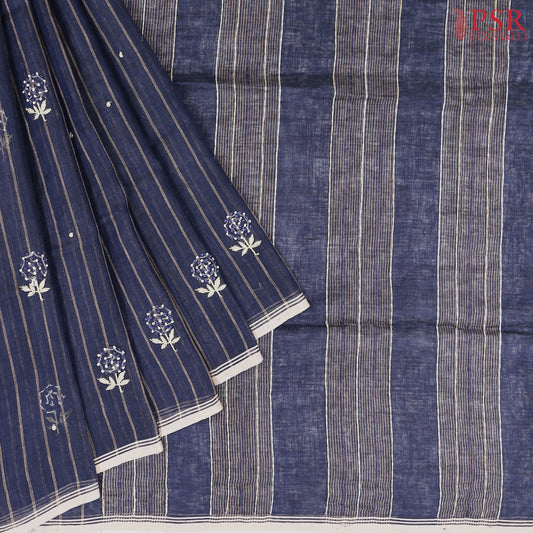 Dark Blue Pure Linen Saree