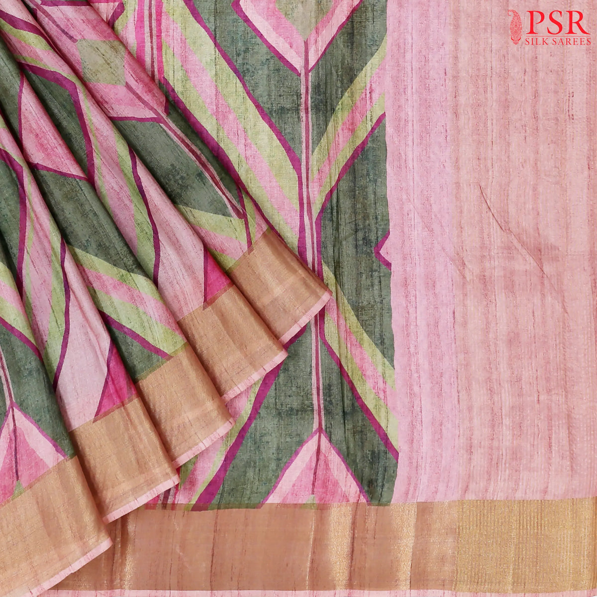 Pink & Green Semi Tussar Saree