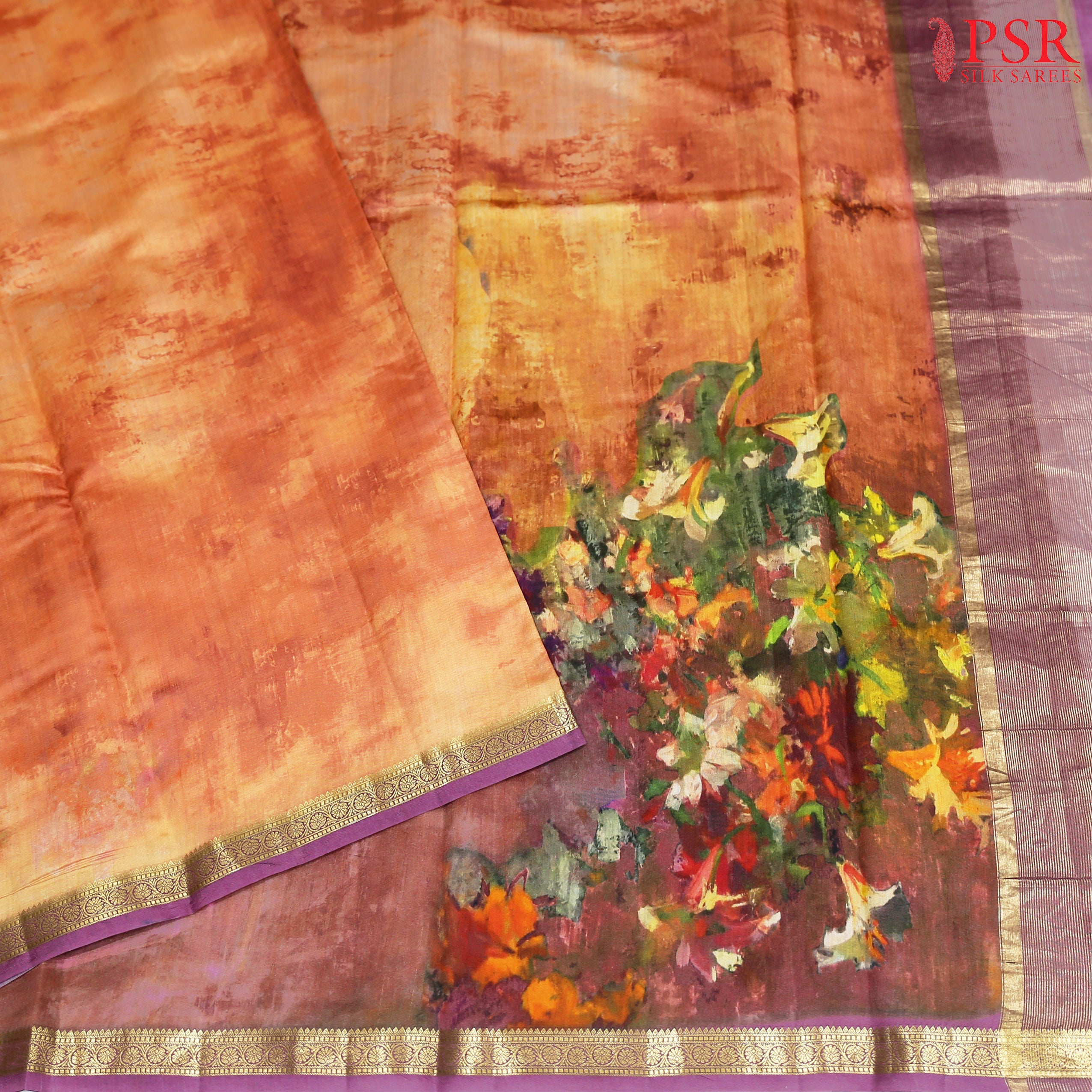 Floral Orange Chiniya Silk Saree