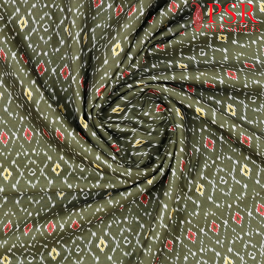 Dark Olive Green Semi Tassar Ikkat Print Running Material