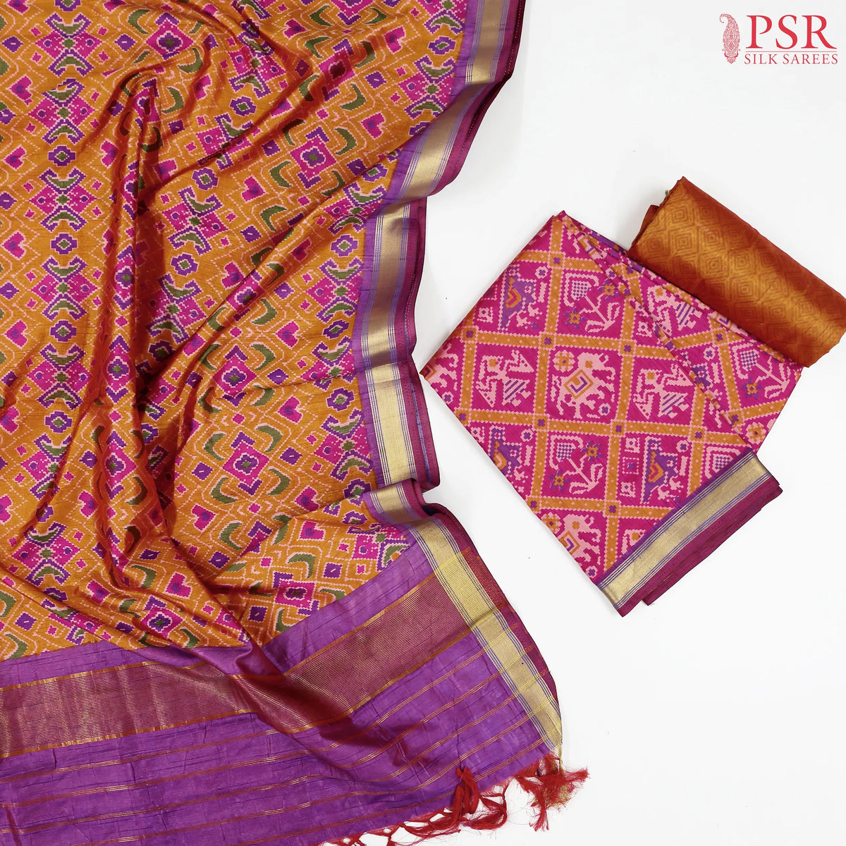 Dark Pink Soft Patola Silk Cotton Dress Material
