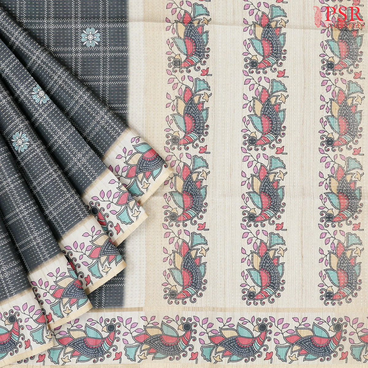 Charcoal Grey Semi Tussar Saree