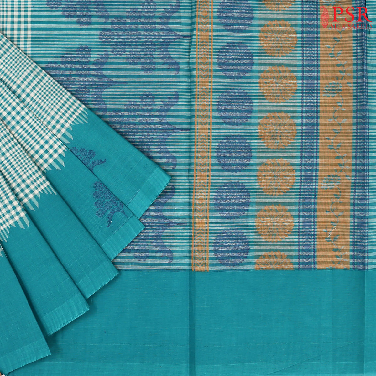 Dark Turquoise & Beige Kovai Cotton Saree