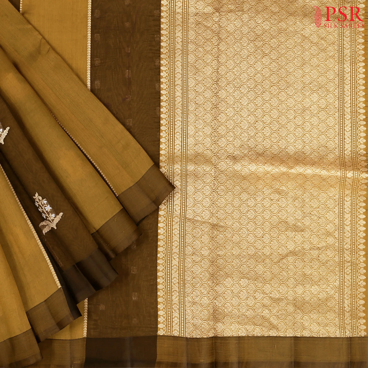 Mustard Brown Kora Banaras Silk Saree