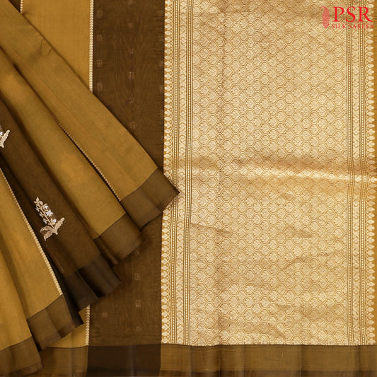 Mustard Brown Kora Banaras Silk Saree
