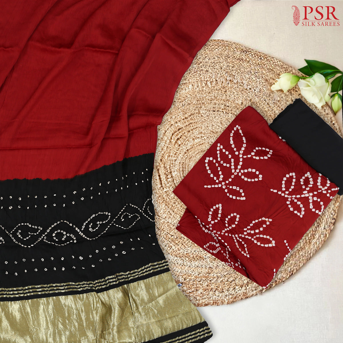 Red Bandhini Silk Dress Material